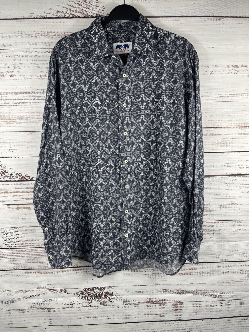Love Brand & Co Shirt Mens Large Blue Linen Elephant Print Long Sleeve Button Up